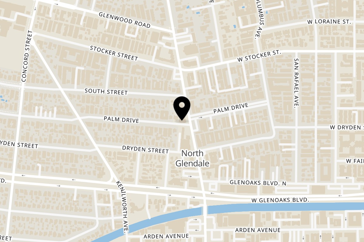 Map showing the location of Asteria Restaurant on 1121 N Pacific Ave in Glendale